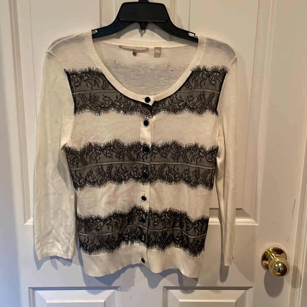 Anthropologie Knitted knotted thin Cardigan Sweater lace accented b71